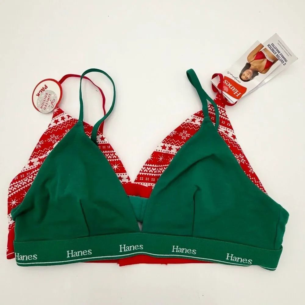 Hanes Cotton Stretch Triangle Bra Two Pack Holiday Print Red Green Size 2XL